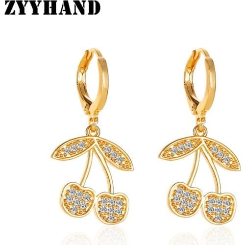 ZYYHAND Cute Drop Earring Women Gold-Color AAA Zircon Cherry Jewelry Girl Party Engagement Copper Alloy Drop Earring