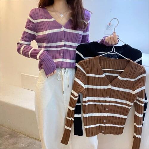 Striped Sweater Cardigan Women V-Neck Knitted Full Sleeve Sweaters Cardigans Lady Vintage Simple Casual Sweater Crop Tops