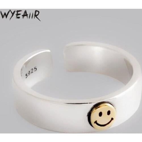 WYEAIIR 925 Sterling Silver Retro Cute Golden Smiley Thai Silver Female Resizable Opening Rings
