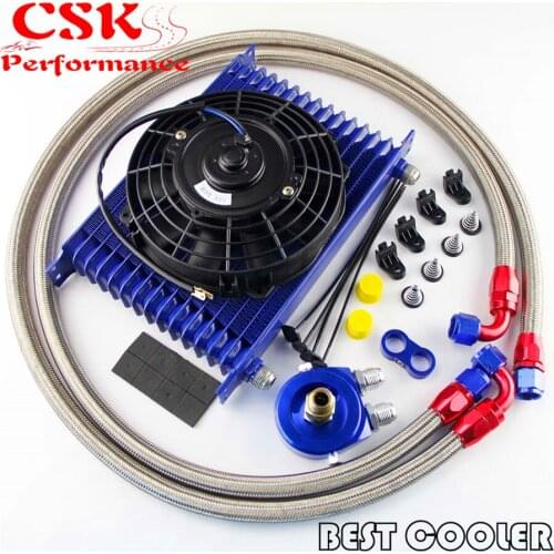 Universal AN10 15 Row engine Trust Oil Cooler kit +7" Electric Fan Kit Blue