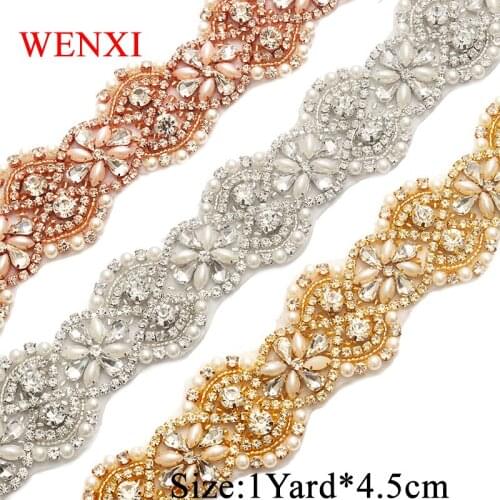 WENXI 5YARDS Wholesale Rhinestone Applique Trim For Wedding Dress Sash Clear Rose Gold Crystal Accessory WX823