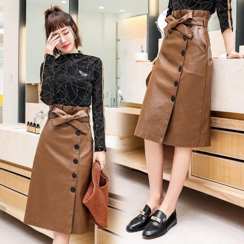 New Women PU Leather Skirt Autumn Winter Split High Waist Long Skirts With Belt Office Lady Bodycon Package Hip A-Line Skirt