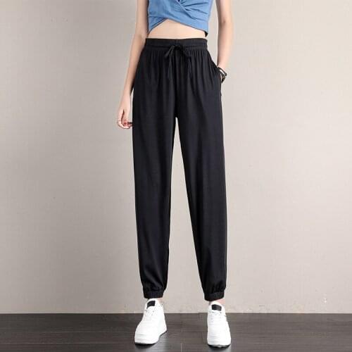 Women Pants Streetwear Summer Cool Pants Since Waist Pants Leisure Loose Beam Foot Ice Silk Shorts Pants For Women YYR007