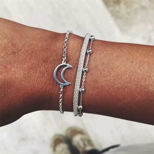 New Boho Fashion 2021 Multilevel Silver Color Metal Beads Moon Snake Chain Set Bracelet For Women Vintage Geometry Jewelry Gift