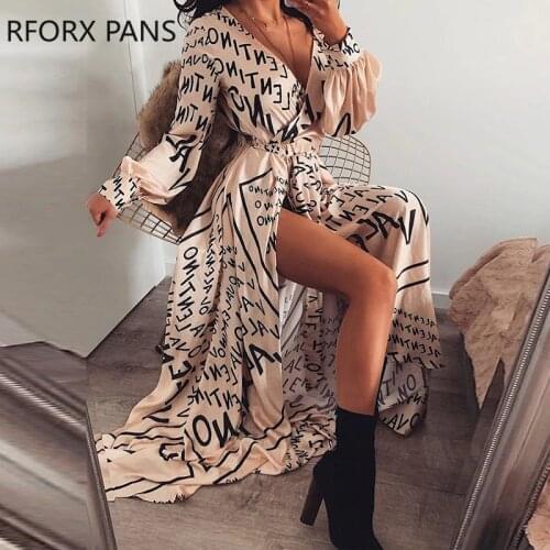 Letter Print V-Neck Thigh Slit Maxi Dress Women Dress