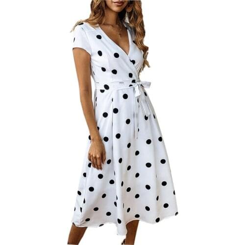 Women Summer Party White Dresses 2021 Boho Dots V Neck Elegant Dress Midi Dot Red Long Dress Wrap Sundress Robe Femme Clothing