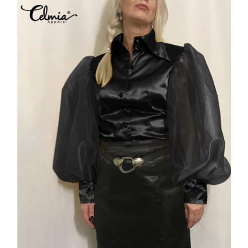 2021 Celmia Puff Sleeve Elegant Satin Silk Shirt Women Fashion Patchwork Mesh Sheer Lapel Tops Casual Loose Buttons Tunic Female