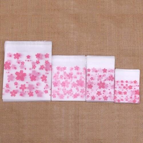 50pcs 4 Sizes Frosted Cherry Candy Bag Pink Cherry Print Transparent Plastic Bags Birthday Party Candy Cookie Packaging Supplies