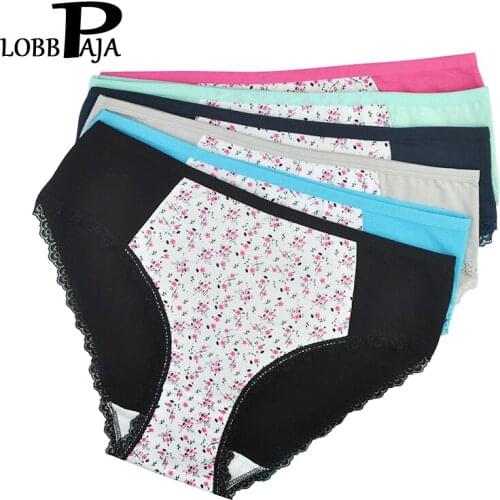 LOBBPAJA Lot 6 pcs Woman Underwear Plus Size Cotton Mid-Waisted Sexy Floral Lace Bikini Panties Briefs Ladies Lingerie for Women