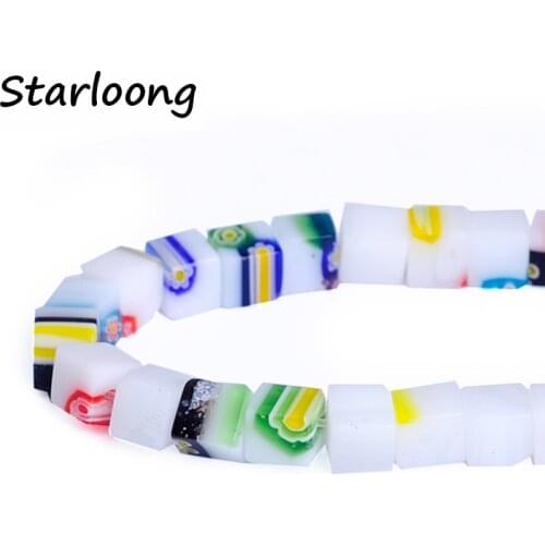 64pcs/string 6mm white multicolor mixed Cube shape flower lampwork glazed glass beads DIY jewelry making bracelet necklace