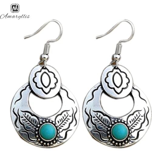 Amaiyllis Bohemia Carved Round Pendant Dangle Earrings For Women Vintage Turquoises Drop Earrings Indian Alloy Statement Earring