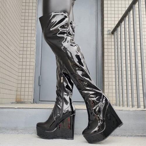 BERZIMER Women Over Knee High Boots Handmade Wedges Round Toe Platform Prom Height Increase Shoes Woman Big Size 41 44 48 50 52