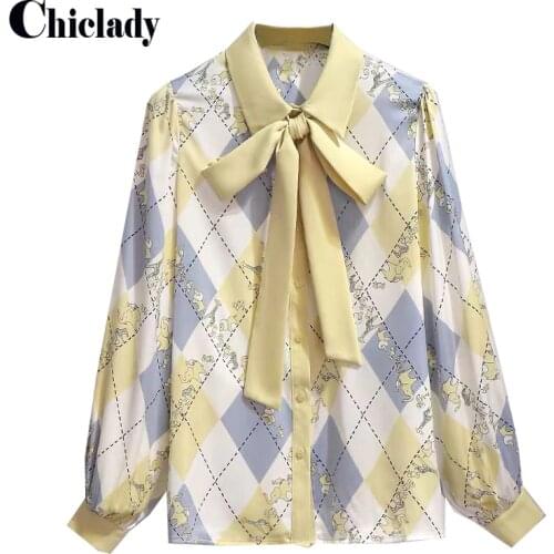 CHICLADY Women Spring Autumn 2021 Plaid Yellow Lace up Blouse New Lapel Long Sleeve Loose Fit Shirt Fashion Tide Bow femme