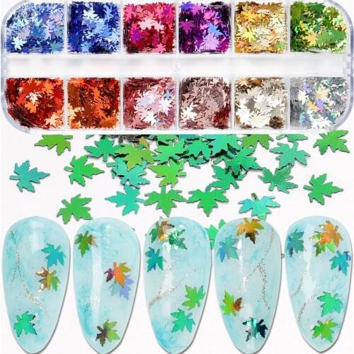 12 Colors/Set Holographic Maple Leaf Nail Glitter Sequins Spark Flakes Gold Autumn Nail Art Paillette Decal Manicure Tips