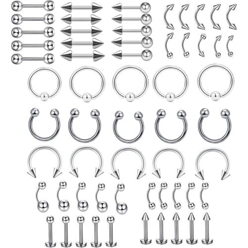 60Pcs Body Jewelry Piercing Lot Stainless Steel Nose Horseshoe Lip Tongue Eyebrow Tragus Body Piercing Navel Belly Ring Barbell