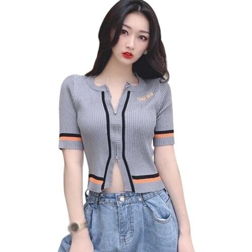 Summer Women Short Sleeved Knitted Tshirt Korean O Neck Zipper Sexy Casual Navel Exposed Tee Shirt Top