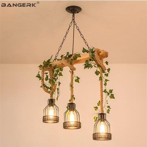 Loft Decor Hemp Rope Pendant Lamp LED Edison Industrial Vintage Lighting Dining Room Hanging Light Wood Iron Droplight Fixtures