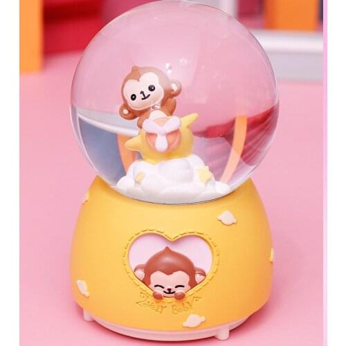 Crystal Ball Music Box Animal Monkey Birthady Gifts Star Glowing Snowflakes Music Box Home Decoration Desktop Ornament