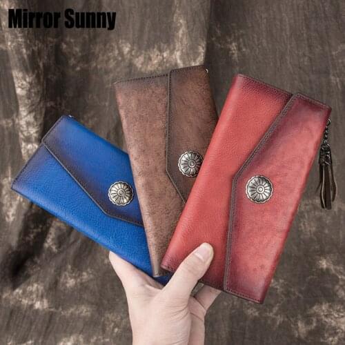 2019 New Womens Handmade Wallet Retro Head Layer Cowhide Leather Purse Leather Long Tassels Clutch Wallet European & American