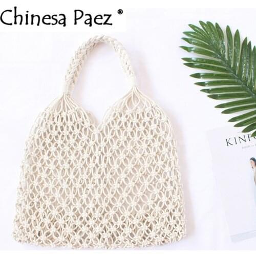 Popular Cotton Rope Hollow Straw Bag Sheer Macrame Tote wooden ring rattan handle Net Bag Vintage Retro Chic beach handbag