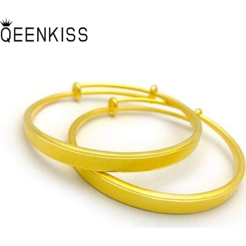QEENKISS BT534 Fine Jewelry Wholesale Fashion Woman Girl Birthday Wedding Gift Round Matte 24KT Gold Resizable Bracelet Bangle