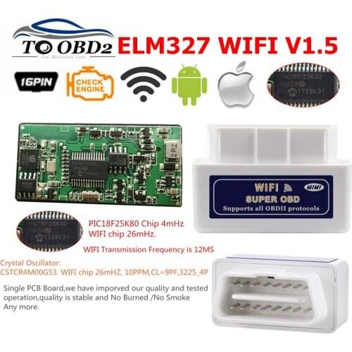 ELM327 WIFI V1.5 OBD2 Code Reader Scanner ELM 327 1.5 with PIC18F25K80 Chip Supports Android/iOS/PC System Single PCB Board