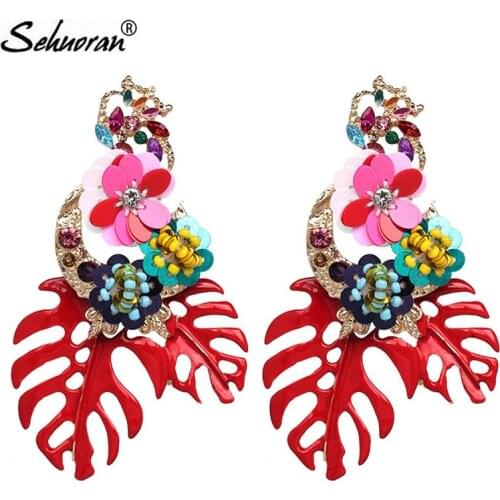 Sehuoran Aretes Brincos Drip Oil Leaf And Flower Drop Earrings For Woman Statement Earrings Long Pendients Oorbellen Fashion EAR
