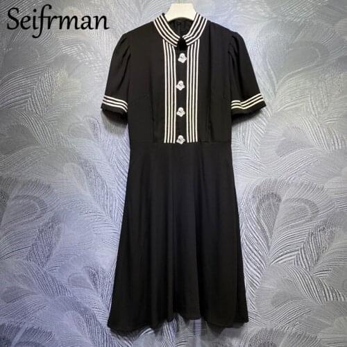 Seifrmann New 2021 Summer Women Fashion Runway Party Midi Dress Short Sleeve Single Breasted Elegant Slim Ladies A-Line Dresses