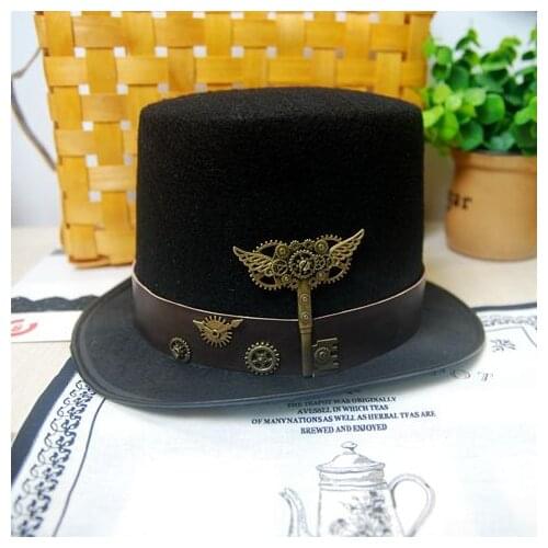New Costume Steampunk Top Hat with Belt & Gears Key Accessories Handmade Trilby Hats Gothic
