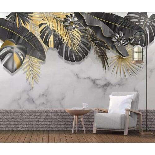 Nordic simple hand painted tropical plant leaves jazz white marble background wall
