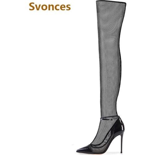 Sexy Ladies Air Mesh Long Boots Over-the Knee Fashion Long Botas Thin High Heels Plus Size 44 Brand Buckle Pumps Shoes Woman