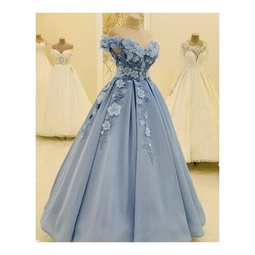 Light Blue Flowers Prom Dress 2021 Off Shoulder Sleeveless Long Evening Formal Party Gowns robes de soirée