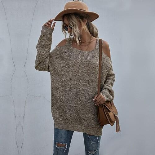 2021 Women Square Collar Sweater Sexy Off Shoulder Solid Color Long Sleeve Pullovers Autumn Female Oversize Loose Jumper Tops