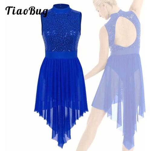 Adults Shiny Sequins Sleeveless Dance Dress Women Figure Skating Artistic Gymnastic Training Lyrical Ballet Dance Leotard Dress
