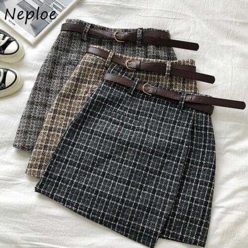 Neploe Spring Autumn Irregular Women Skirt New Korean Vintage Chic Plaid Jupe High Waist Mini A-line Skirts With Belt 1H493