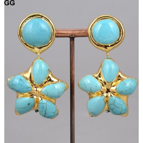 GuaiGuai Jewelry Natural Gold Color Plated Turquoises Flower Blue Turquoise Slice Leverback Earrings For Women