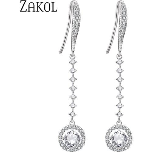 ZAKOL Fashion Round Zircon Crystal Long Hook Earrings For Women Engagement Party Jewelry Boucle D'oreille Femme Bijoux FSEP2209