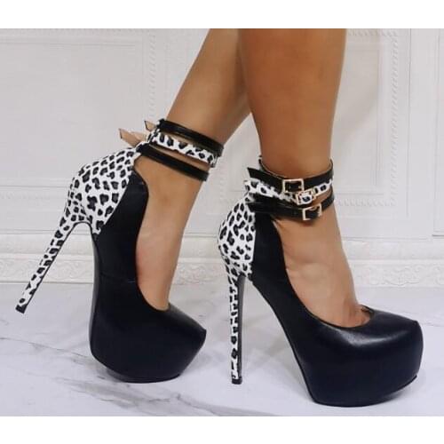 Dipsloot Woman Sexy Black Leopard Back Patchwork Round Toe Platform Pumps Female Super Stiletto Heels Buckles Party Shoes Lady