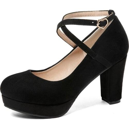 Spring Women Platform Pumps Ladies Sweet Party Shoes Pink Apricot Black Green Woman Ankle Strap Round Toe High Thick Heels M133