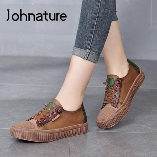 Johnature Genuine Leather Women Shoes Lace-Up Mixed Colors Autumn Sewing 2021 New Handmade Concise Leisure Ladies Shoes