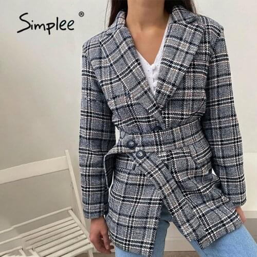Simplee Winter Shirt Collar Office Lady Skinny Blazers Lace Up Plaidge Women Gray Top Blazer Full Regular Sleeves Female Blazer