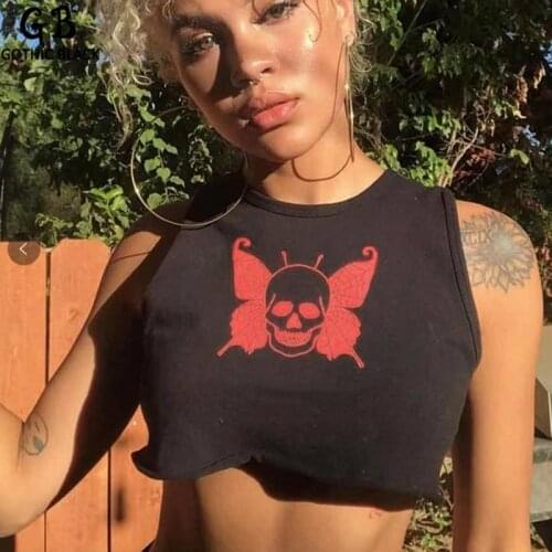 Gothblack Tank Top Skull Personality Print O Neck Ceopped Tops Cartoon Pattern Slim Solid Short Women Clothes Casual Streetwear