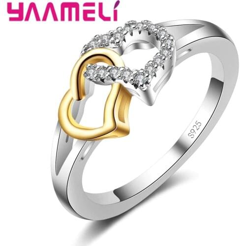 Bridal Women Real 925 Sterling Silver Two Heart Connect Finger Rings Hard Cubic Zirconia Crystal Jewelry For Wedding