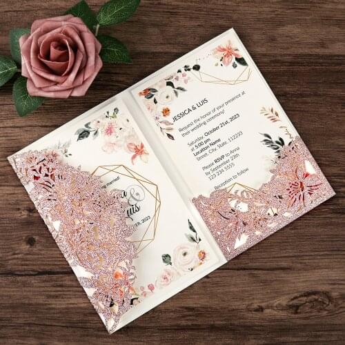 100pcs Wedding Invitations Rose Gold Elegant Flower Hollow Laser Cut Invitations with Envelope