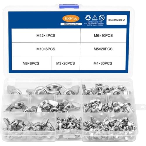 98Pcs/Lot M3 M4 M5 M6 M8 M10 M12 Metric Thread DIN315 304 Stainless Steel Wingnuts Butterfly Nuts Assortment Kit