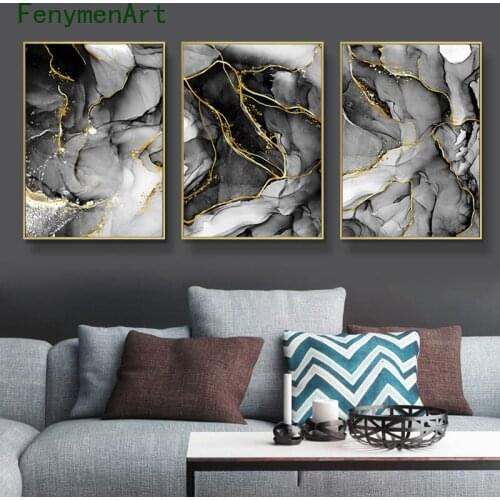 Abstract Grey Marble Texture Canvas Painting Nordic Wall Art Flowing Gold Leaf Poster Print Modern Picture Home Room Decor