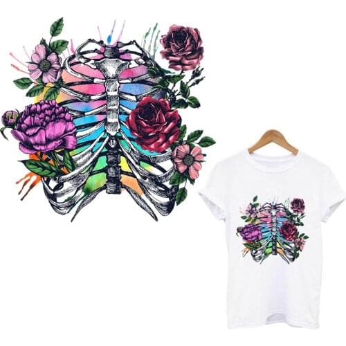 Skull Flowers Iron-on Transfers For Clothing Biker Stickers Patches On Clothes Punk Motorcycle Thermo-sticker For Clothes Stripe