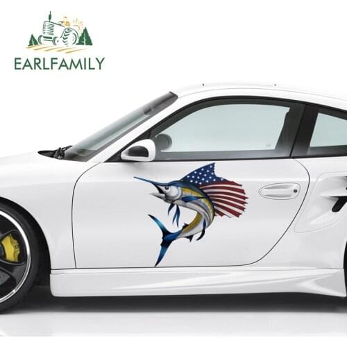 EARLFAMILY 43cm x 42cm 3D Xiphias Gladius with America Flag Car Side Fish Graphics Vinyl Decals Racing Sport Car Body Stickers