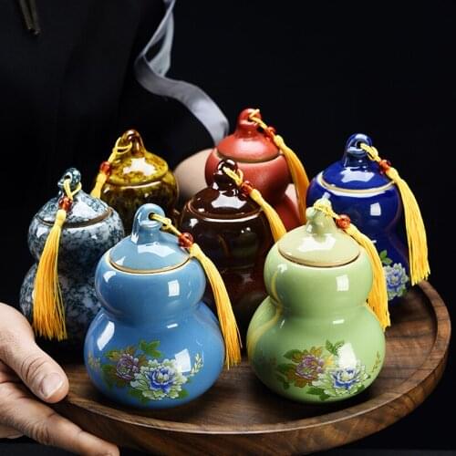 Chinese Ceramic gourd Tea Caddy Portable Sealed Jar travel Tea Caddy Storage Spice Tea Boxes Candy storage tank Home Accessories