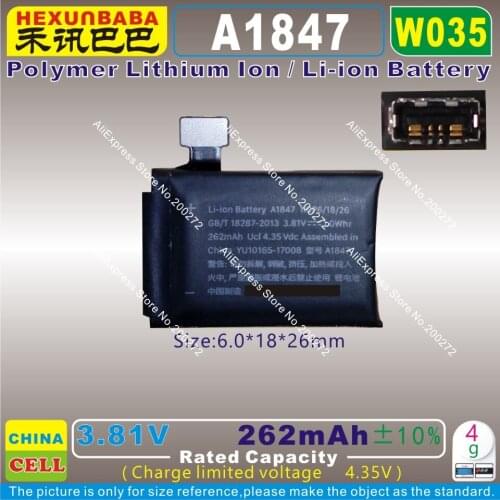 [W035] 3.81V 262mAh / 1.0Wh [A1847] Li-ion polymer battery for APPLE - I - WATCH 3 (38) SMART WATCH 1ICP6/18/26